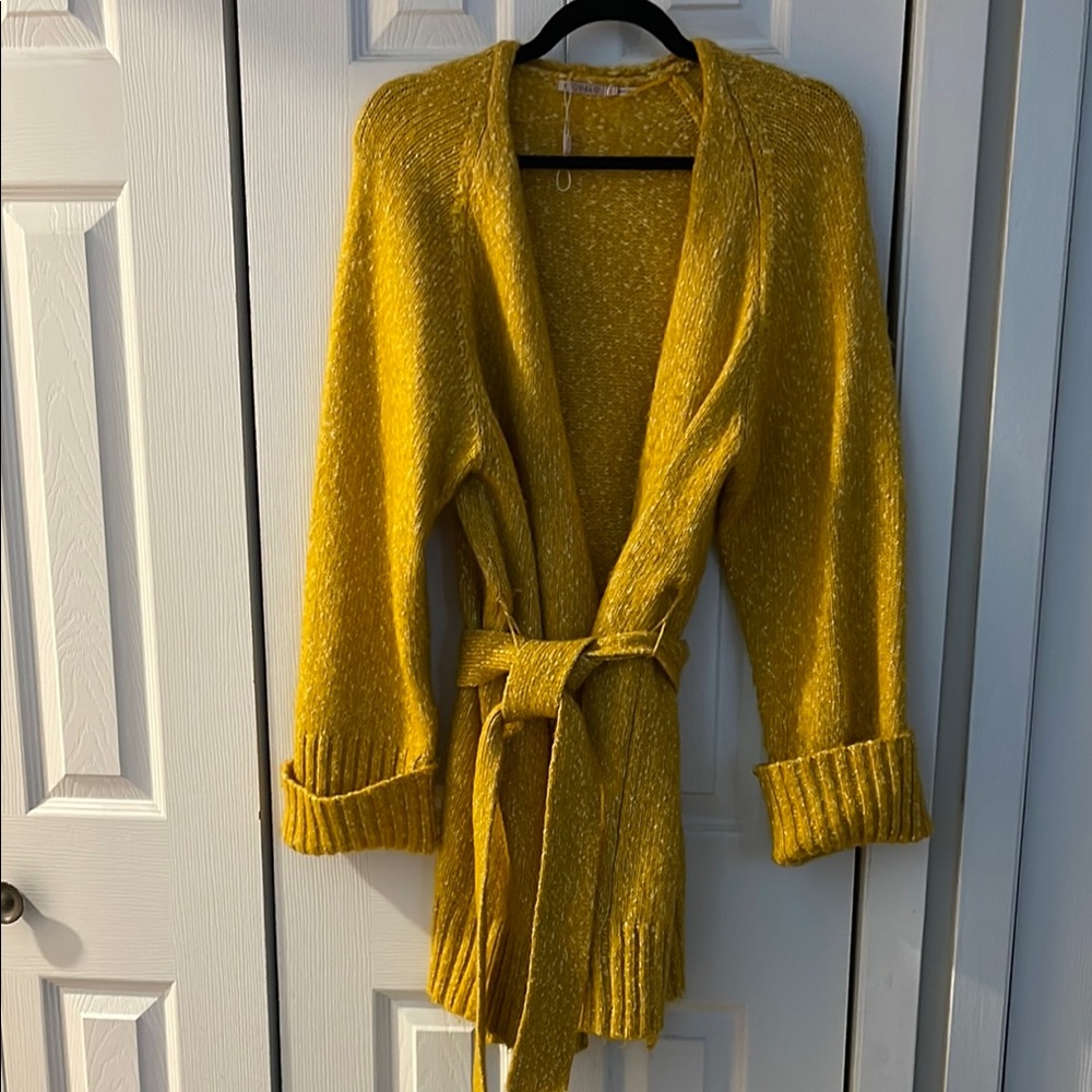 ESQUALO Yellow Cardigan Sweater with Belted Waist